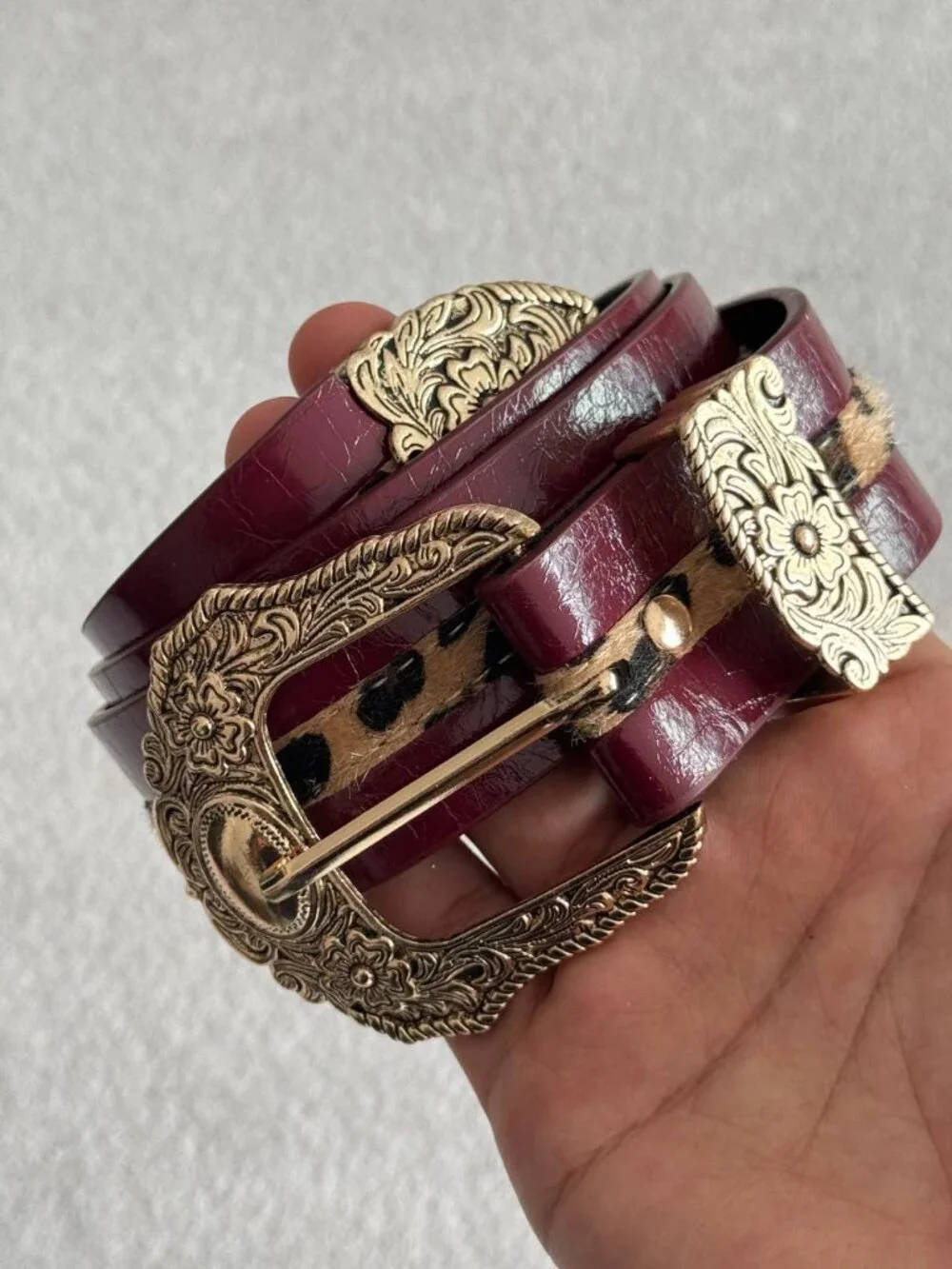 Burgundy Leopard Print Western Statement Belt